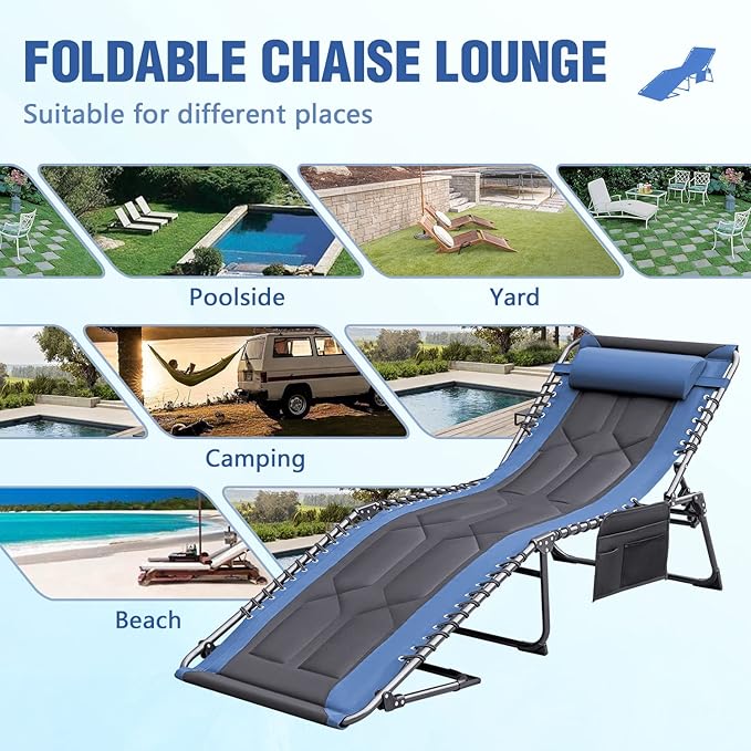 Devoko 4-Fold Padded Portable Folding Outdoor Chaise Lounge Heavy Duty Reclining Chair with Pillow & Side Pocket for Patio, Beach, Pool, Camping, Sunbathing (Blue)