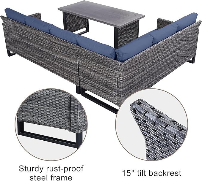 Belord Outdoor Sectional Sofa 6 Seater L Shaped Couch Wicker Patio Conversation Furniture Set with Tree-Grain Finish Metal Dining Table, Rattan Outdoor Furniture with Removable Washable Cushion Blue