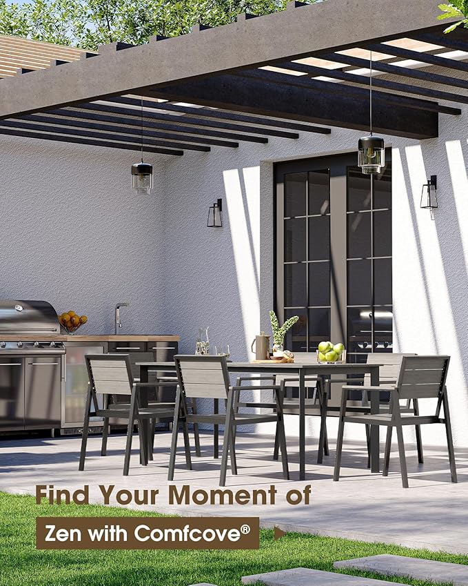 Outdoor Patio Dining Set for 6, Aluminum 7 Piece HDPS Patio Table and Chairs Set with Umbrella Hole, Modren Patio Furniture Set, Patio Dining Table and 6 Chairs (Classic Gray)
