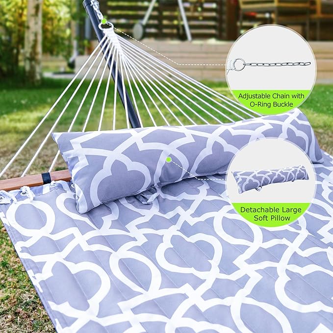 Double Hammock with Stand for Outdoor, Heavy Duty Portable Hammock with Adjustable Steel Stand for Patio, Garden, Beach, Backyard - Includes Carrying Bag,Round Gray