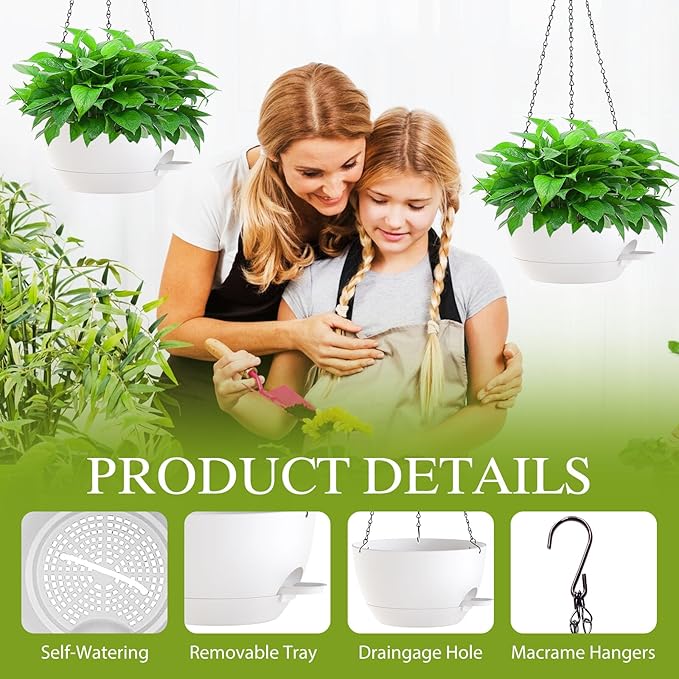 10 Inch Hanging Baskets 2 PC with Chains, Self-Watering Hanging Planters for Indoor Outdoor Plants, Plastic Hanging Flower Pots,White
