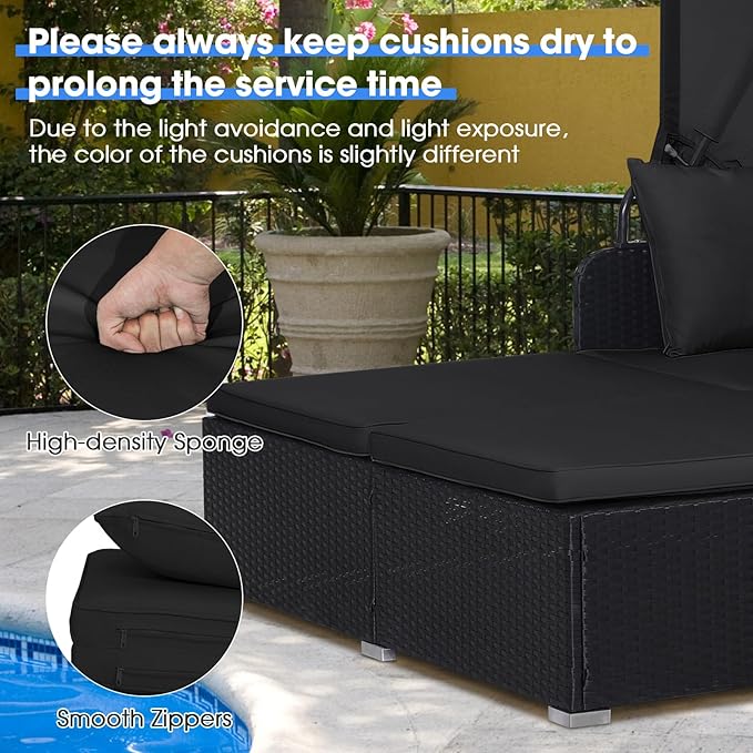 RELAX4LIFE Patio Outdoor Daybed with Canopy, Wicker Sunbed w/Cushions, 4 Pillows & 2 Retractable Side Trays, 2-Person Lounge Bed Conversation for Poolside Porch Garden, Rattan Outdoor Bed (Black)