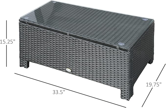 Outsunny Patio Furniture, Wicker Coffee Table, Hand-Woven PE Rattan Side Table with a Tempered Glass Top, 33.5" x 19.75", Black