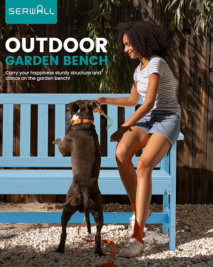 SERWALL Outdoor Bench, HDPE Outdoor Benches Weatherproof, 2-Person Garden Bench with 660 lbs Weight Capacity, Patio Benches for Outdoors, Garden, Porch, Backyard and Park, Light Blue, 2 Pack