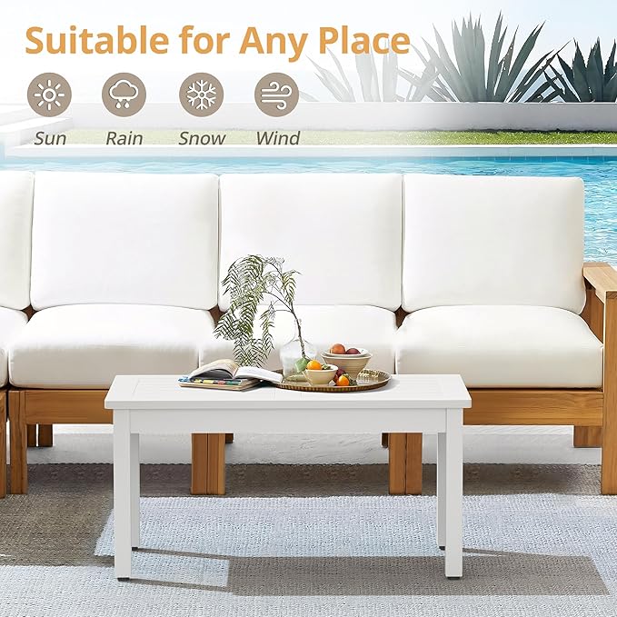 LUE BONA Outdoor Coffee Table Rectangle, HDPS Patio Coffee Tables for Outside, All Weather Patio Coffee Table with Slatted Tabletop for Deck, Garden, Balcony, Indoor or Outdoor Use, White