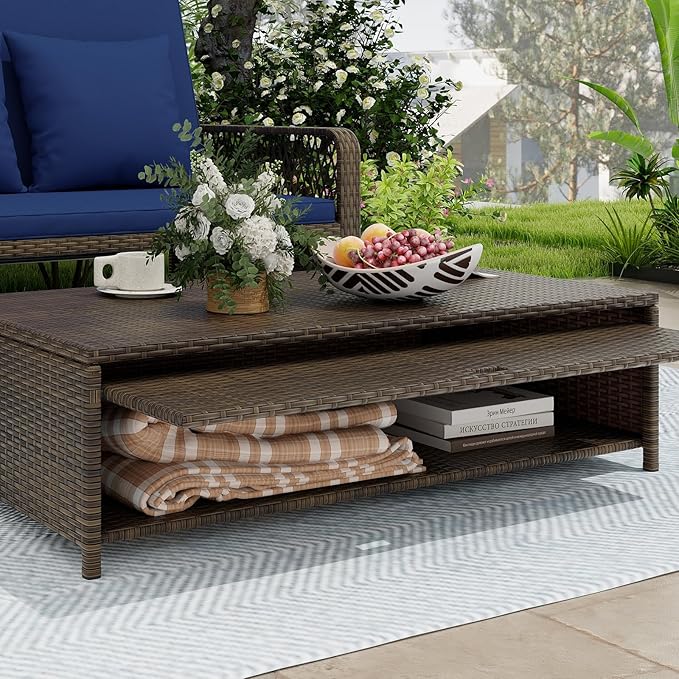 Moccha Outdoor Daybed, Rattan Loveseat Sofa with 4-Level Adjustable Back, Cushions, Storage Ottoman, Pillows, Wicker Sunbed, 2-Person Bed Lounger for Backyard Porch Pool Patio Furniture Set (Navy)