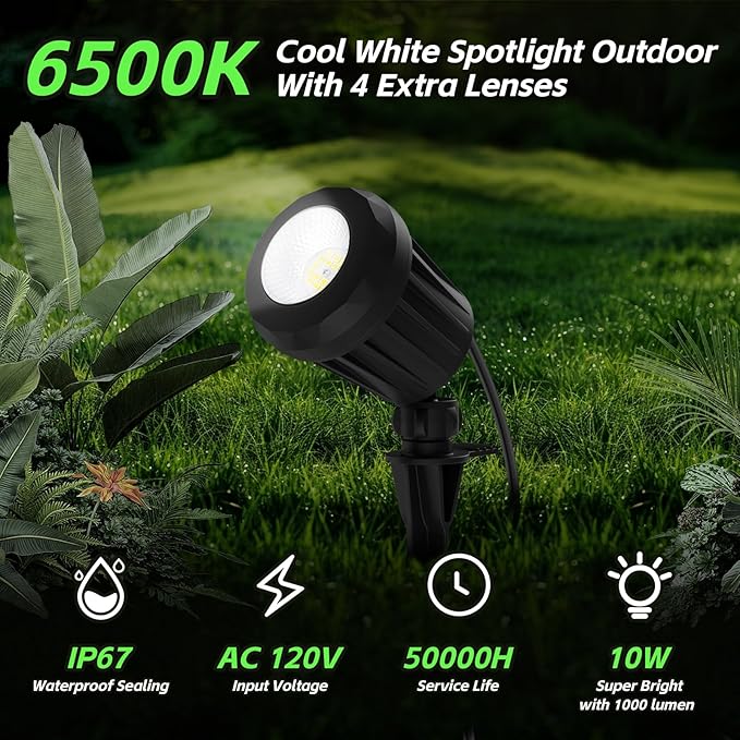 Spotlight Outdoor – 120V Plug-In, 6500K Cool White LED Landscape Lighting with RGB Purple 4 Color Lenses for Yard, Garden, Lawn & Tree Decor on Holidays&Everyday, IP67 Waterproof (2 Pack,Black)