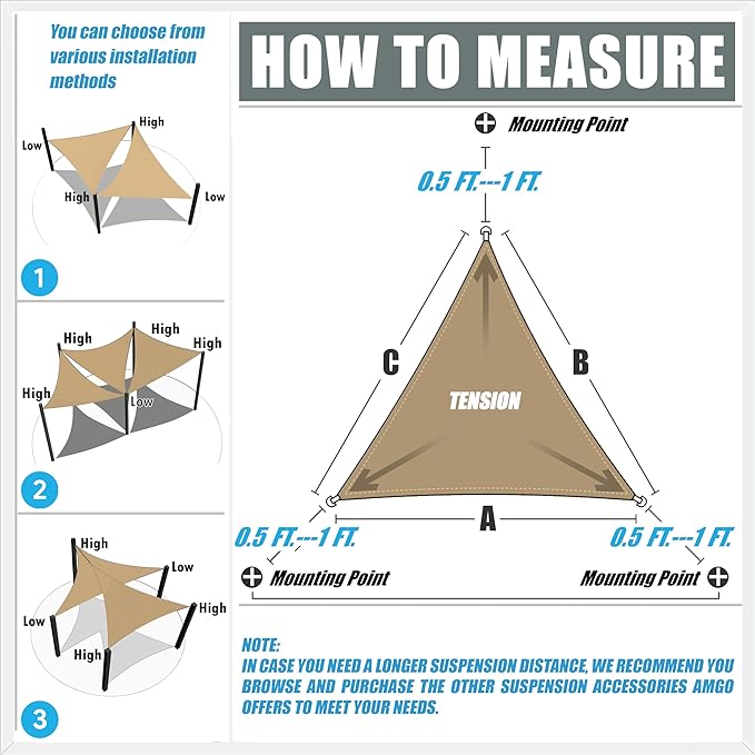 Amgo Custom Size 12' x 15' x 19.2' Sand Beige Right Triangle Sun Shade Sail UPF50+ AGTAPRT12, Order to Make Canopy Awning, 95% UV Blockage, Water and Air Permeable, Commercial Standard (We Customize)