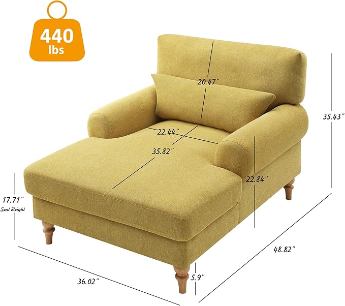 Modern Chaise Lounge Chair with Adjustable Backrest, Upholstered Indoor Leisure Sofa Recliner, Oversized Accent Chair Deep Seat Reading Armchair for Living Room, Bedroom, Office, Yellow