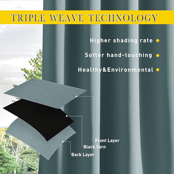 NICETOWN Outdoor Curtains for Patio Waterproof 108 inches Long 2 Panels, Windproof Thermal Insulated Top & Bottom Grommet/Back Tab Privacy Drapes with Rope for Fixed, Greyish Blue, W52 x L108