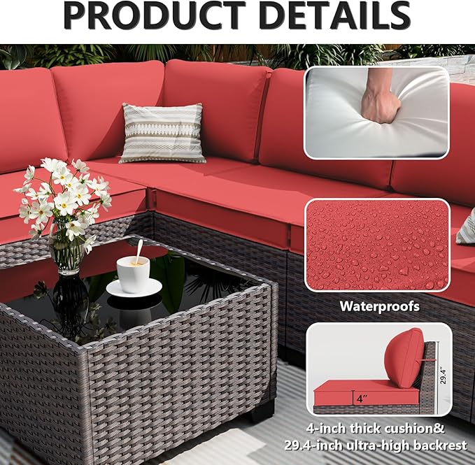 ALAULM 13 Pieces Outdoor Patio Furniture Set with Propane Fire Pit Table Outdoor Sectional Sofa Sets Patio Furniture 43" Gas Fire Pit Brown PE Rattan Patio Conversation Set w/10 Cushions (Rose Red)