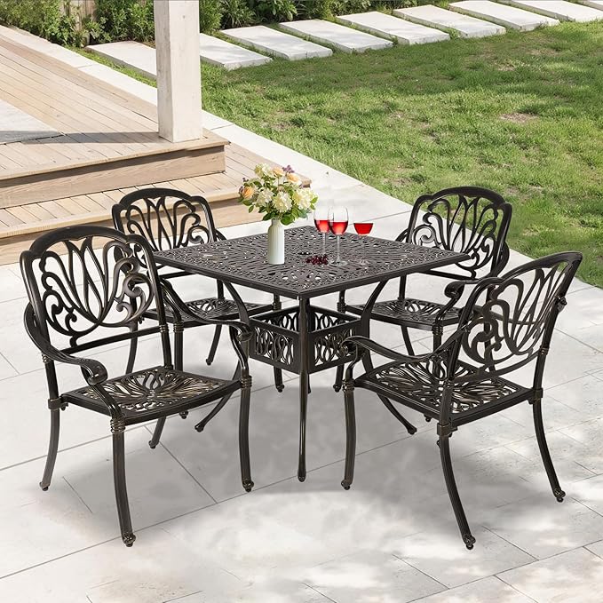 Patio Dining Table,Cast Aluminum Patio Tables with Umbrella Hole, Outdoor Bistro Table for Backyard, Garden, Patio (35" Round Table)