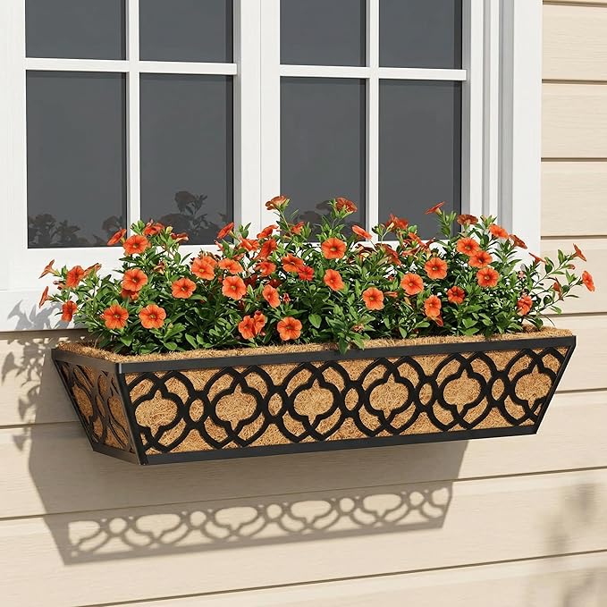 Y&M 6pcs 24 Inch Window Deck with Coco Liner, Fence Metal Hanging Flower Planter Window Basket Deck Railing Planter Boxes for Outdoor Garden Lawn