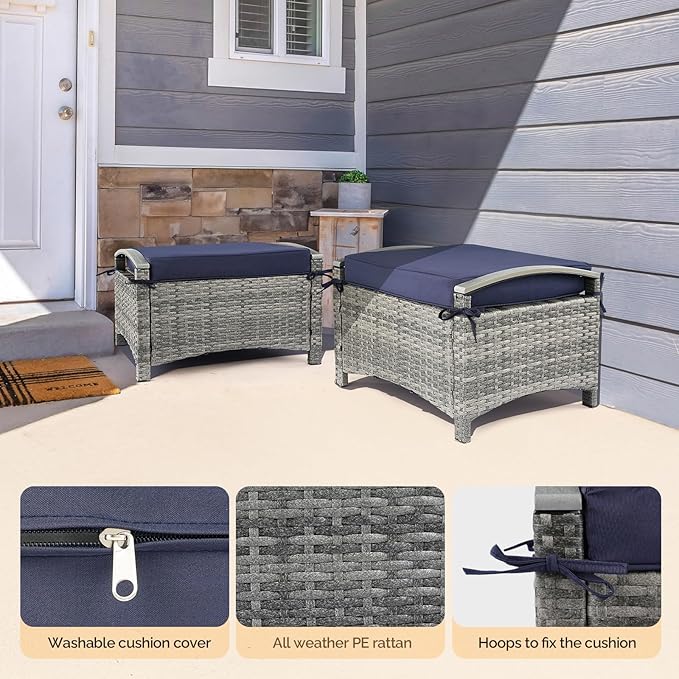 VINGLI Wicker Outdoor Ottoman Set of 2, All Weather PE Rattan Footstool for Patio w/Removable Cushions, Waterproof Rattan Foot Rest for Garden, Balcony, Poolside (Grey)