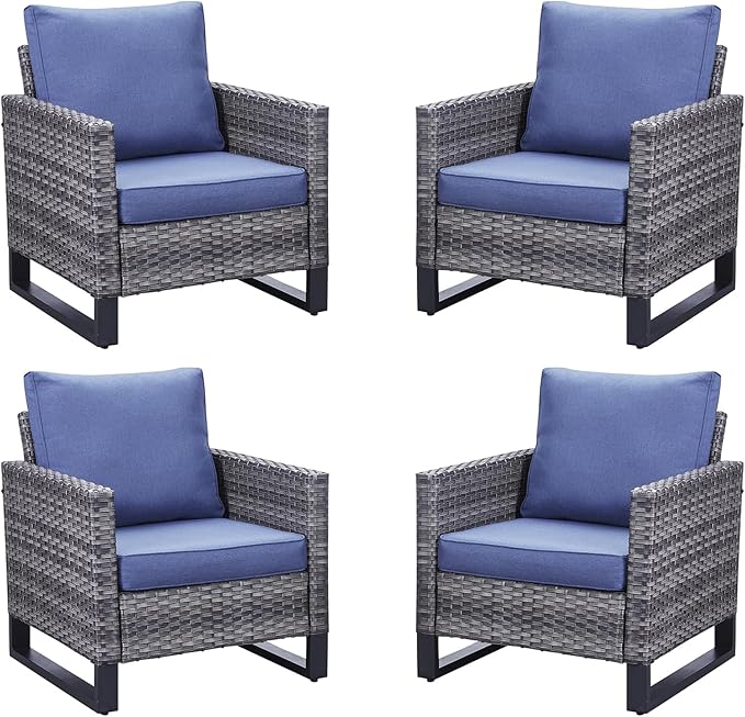 Belord Outdoor Wicker Chair Patio Chairs Set of 4, All Weather Rattan Club Chairs 4 Piece Furniture Set with Leveling Feet Water-Resistant Cushion Anti-Rust Frame