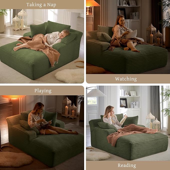 66" Chaise Lounge Chair Indoor, Oversized Boneless Couch Comfy Upholstered Sleeper Sofa Bed with 3 Pillows, Corduroy Cloud Reading Chair for Living Room No Assembly Required, Green