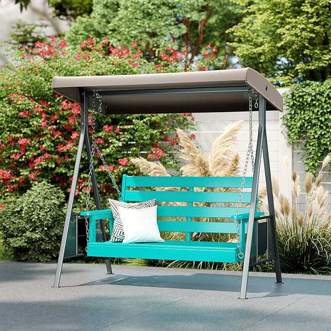 IVY&LANE Outdoor Porch Swing | HDPE Plastic | 2-Person | Hanging Bench Swings | Weatherproof | 4 Stainless Steel Chains | Aqua | for Outside Patio Garden Backyard Tree