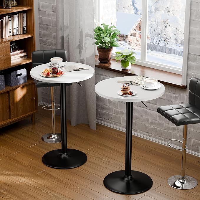 Flamaker Round Bistro Pub Table 23.6 Inch Height Adjustable 360° Swivel Bar Table Metal Base for Pub, Dining Room, Party (4, White-Black)
