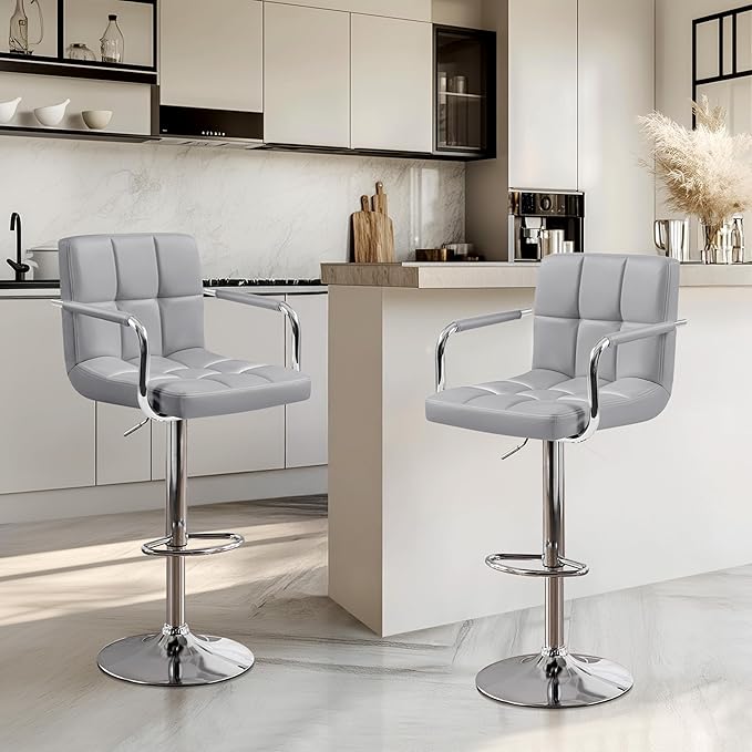 Yaheetech Bar Stools Set of 2, PU Leather Adjustable Swivel Barstools, Hydraulic Kitchen Counter Height Bar Chairs with Armrest and Back for Kitchen, Dining Room, Light Grey