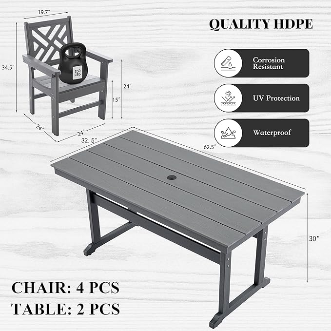 HDPE Outdoor Dining Set,6-Piece Outdoor Table and Chairs Include 4 Dining Chairs and 2 Pcs 62.5" Patio Dining Table with Umbrella Hole (Gray)