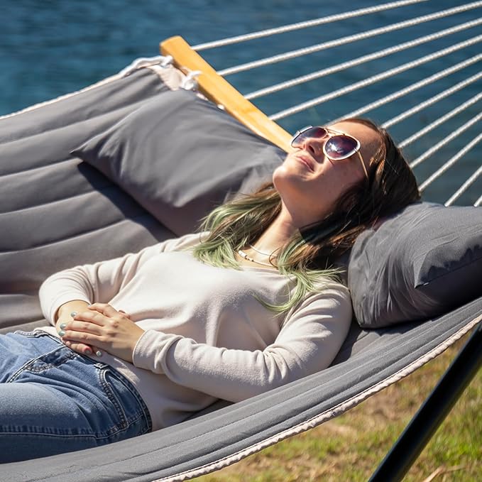 55in Hammock with Stand, Heavy Duty Hammock with Stand Included, Two Person Hammock with Curved Spreader Bar, Pillow and Portable Bag, 450 Lbs Capacity, Dark Gray