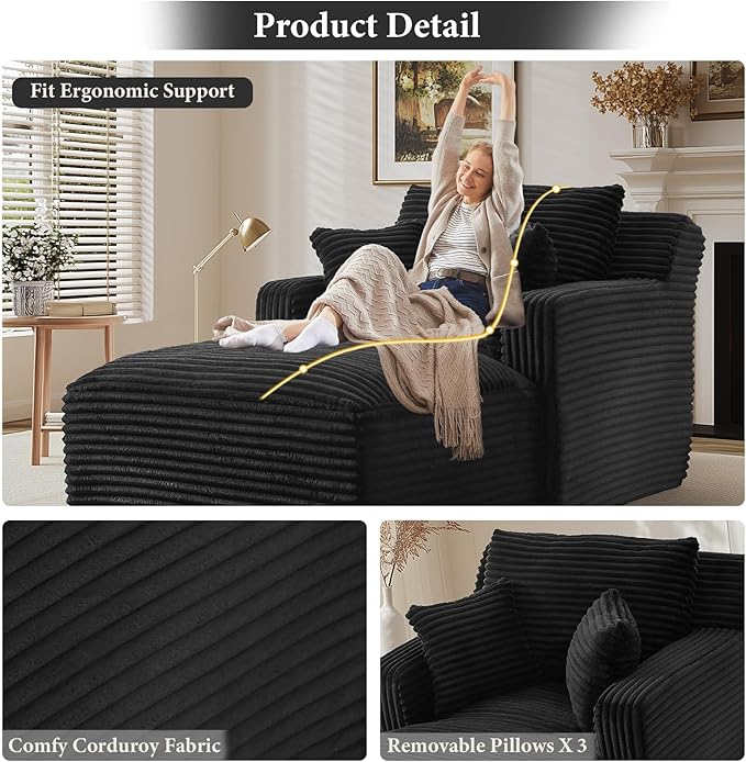65.4" Chaise Lounge Chair Indoor, Oversized Boneless Chaise Lounge Comfy Sleeper Sofa Bed with 3 Pillows, Corduroy Cloud Reading Chair for Living Room No Assembly Required