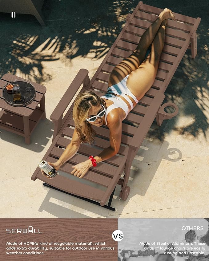 SERWALL Patio Chaise Lounge Chair, 78'' Long HDPE 5 Positions Adjustable Outdoor Lounger, Poly Lounge Chair with Rolling Wheels & Cup Holder for Pool, Coffee Brown