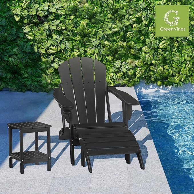 GREENVINES Adirondack-Outdoor-Side-Table | Set of 2 | 14 x 13 Inches | HDPE Plastic | All Weather | Black | Outside End Tables | Storage Shelf | for Patio Porch Backyard Indoor