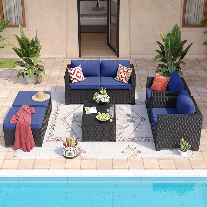 Aoxun 7 Piece Outdoor Patio Furniture Set 6 Seats, Outdoor Sectional with Thick Waterproof Cushions & Storage Coffee Table, Patio Conversation Sets for Garden,Backyard, Porch, Balcony, Deck, Blue