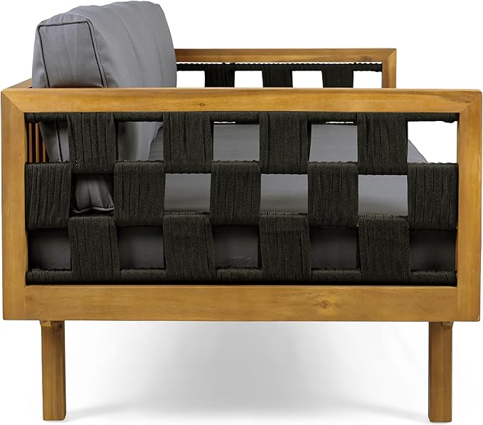 Christopher Knight Home Rosie Acacia Wood Outdoor Daybed Sofa with Water-Resistant Cushion, Solid Wood Patio 3 Seater Sofa Couch, Patio Garden Lounge Sofa with Woven Rope Accent, Black+Teak+Dark Gray