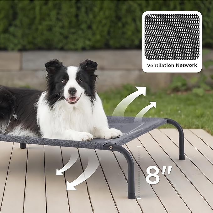 Bedsure Outdoor Elevated Dog Bed Medium Size Dog, Portable Indoor & Outdoor Cooling Raised Cot Pet Hammock Bed with Skid-Resistant Feet, Frame with Breathable Mesh, Grey, 43 inches