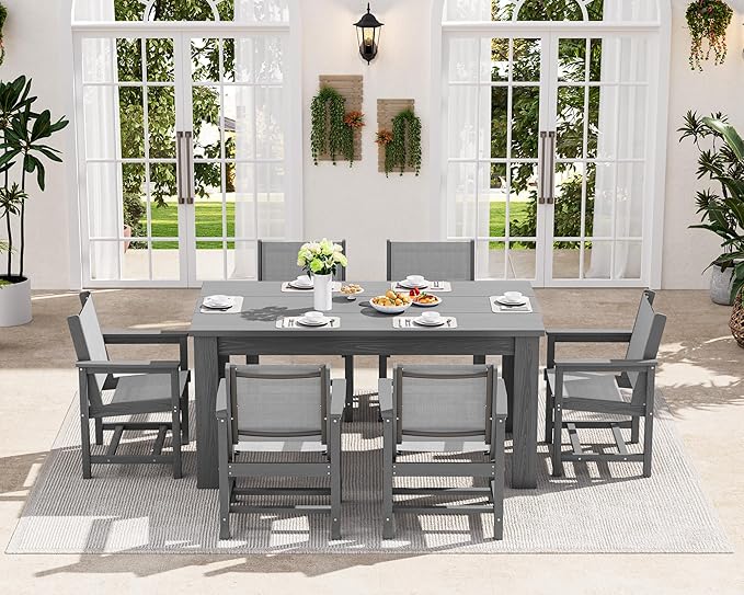 SERWALL 10 Piece Outdoor Dining Table Sets for 8 with 2 Umbrella Hole Cut-Out Rectangular Tables and 8 Textilene Chairs, HDPE Dining Table Sets for Garden, Backyard, Poolside, Gray