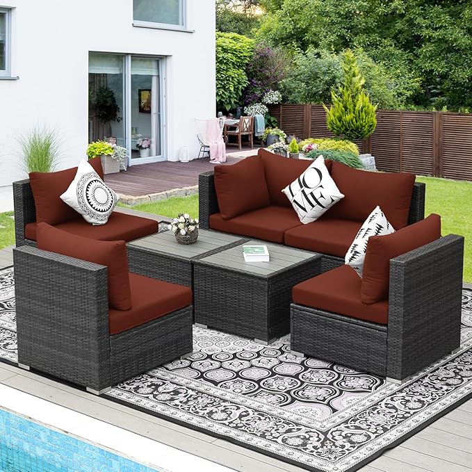 NICESOUL 7 Pieces Modern Luxury 29.3'' High Back Outdoor Furniture Sofa Set, Extra Large Size Grey PE Wicker Patio Modular Sectional with Tables, All-Weather Rattan Conversations for Backyard, Wine