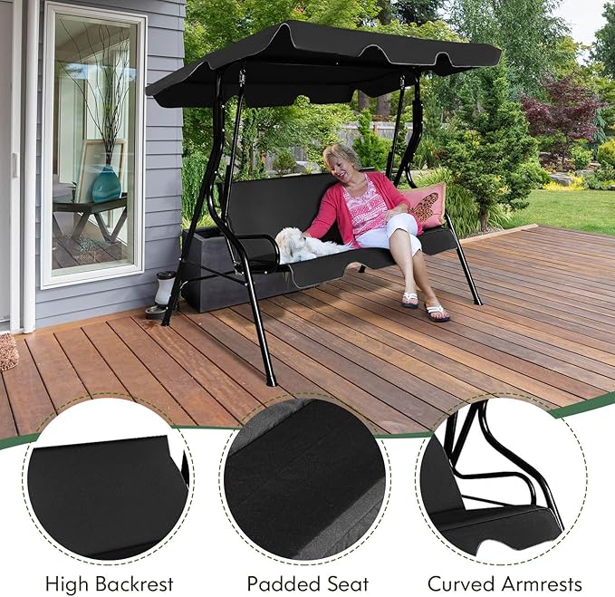 Porch Swing Outdoor, 3 Person Patio Swing w/Removable Cushion, Stand & Adjustable Canopy, Heavy Duty Swing Chair for Patio, Garden, Courtyard, Poolside
