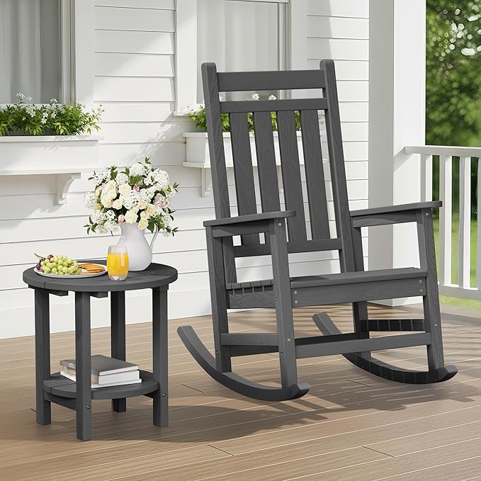 SERWALL Round Outdoor Side Table Set of 2, HDPE Small Adirondack Double End Table, Gray