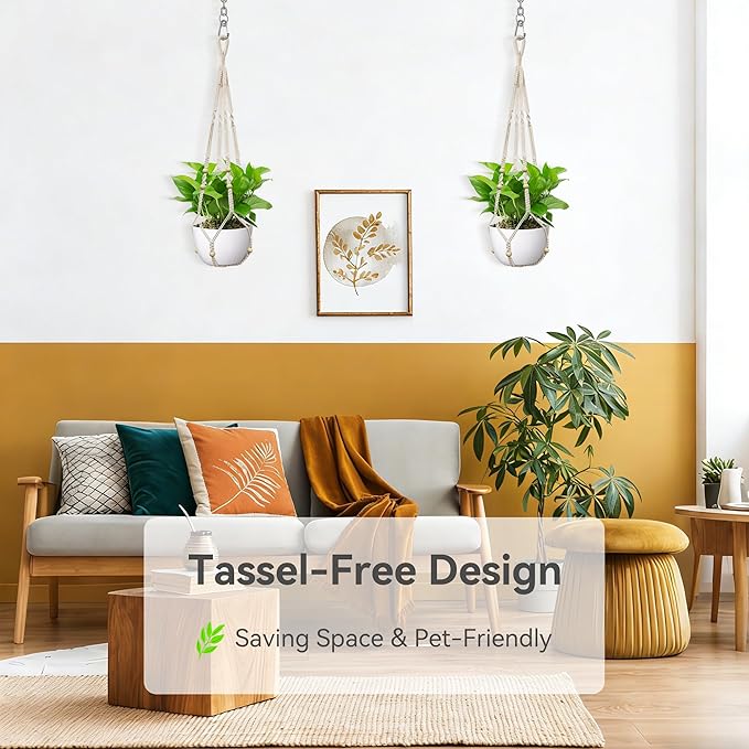 USLAI Macrame Plant Hanger Indoor Outdoor, Fits 4 to 15 Inch Pots, Strong Hanging Planter Holder, Boho Home Decor, 35 Inch, Ivory, Set of 2 (POTS NOT Included)