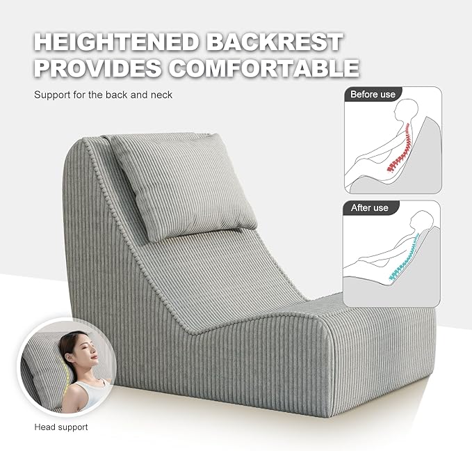 Giant Bean Bag Chair for Adults,Corduroy Chaise Lounge with Unrivaled Back Support, Detachable Neck Pillow, Comfortable Ottoman & Washable Cover for Living Room, Bedroom, Garden (Grey)