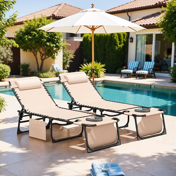 Devoko Beach Lounge Chair, Outdoor Sun Tanning Chair with Face Hole, Heavy Duty Folding Portable Lay Chaise Lounge Chairs for Outside Beach Pool Camping Patio, Beige