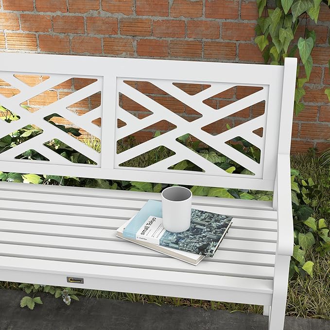 Outsunny Outdoor Garden Bench, Wooden Frame Patio Bench with Geometric Pattern, 43.25 Inch Weatherproof 2-Person Love Seat for Garden, Lawn, Porch, Yard, Work Entryway, White