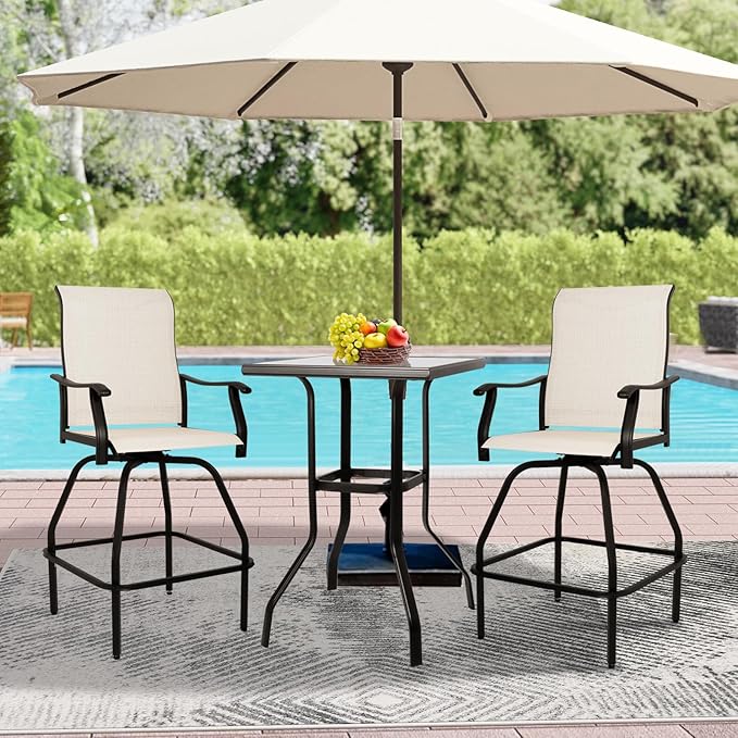 LEVELEVE Patio Bar Set 3pcs Swivel Bar Stools Outdoor Bistro Textilene Furniture Stability All-Weather Set with Height Table (3, Beige Fabric)