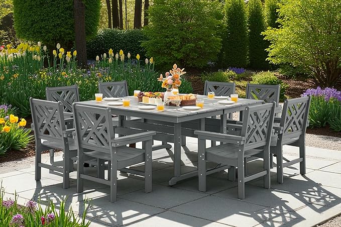 HDPE Outdoor Dining Set,10-Piece Outdoor Table and Chairs Include 8 Dining Chairs and 2 Pcs 62.5" Patio Dining Table with Umbrella Hole (Gray)