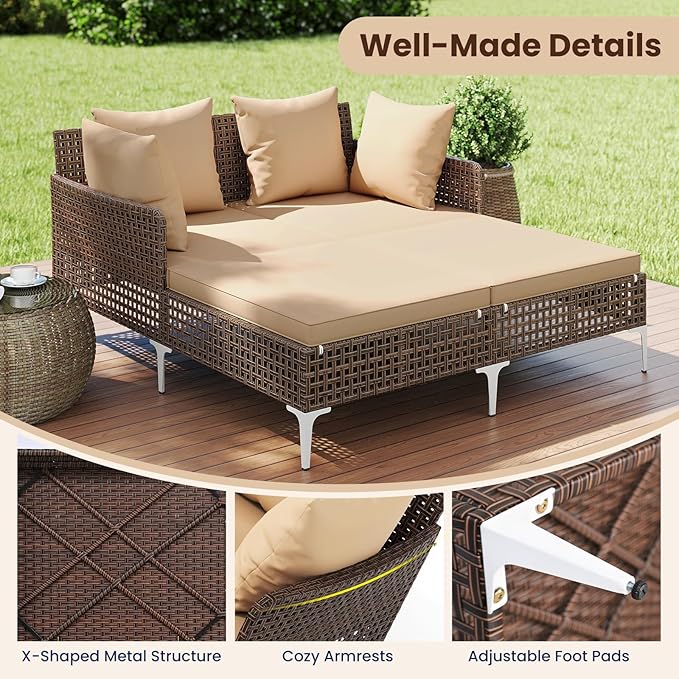 Tangkula Outdoor Rattan Double Daybed, Boho Wicker Chaise Lounge for 2 with Seat & Back Cushions, Outdoor Sunbed Loveseat with Metal Support for Backyard, Poolside & Deck (Brown)
