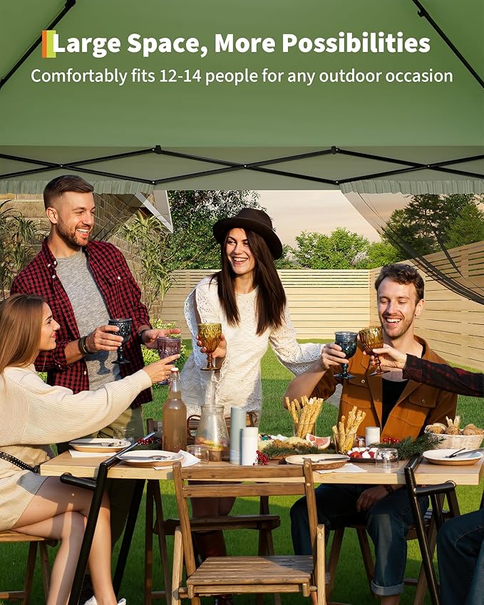 Canopy Tent 13x13 ft, Pop Up Gazebo One-Push Setup with 4 SandBags for Backyard Parties and BBQs, Mosquito Netting & Height Adjustable - Olive Green