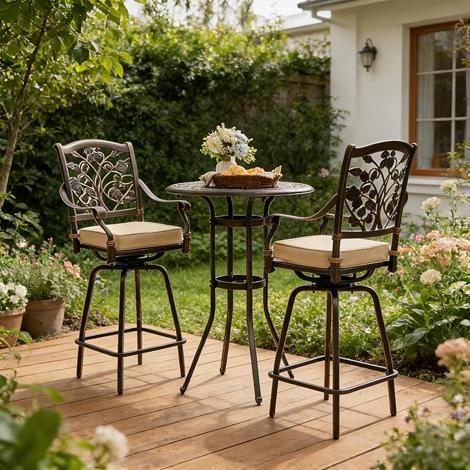 3 Piece Swivel Outdoor Table and Chairs Bar Set , All-Weather Cast Aluminum Outdoor High Top Patio Bar Set Bistro Set, High Swivel Stools with Cushions Umberlla Hole for Balcony, Poolside,Garden,Lawn