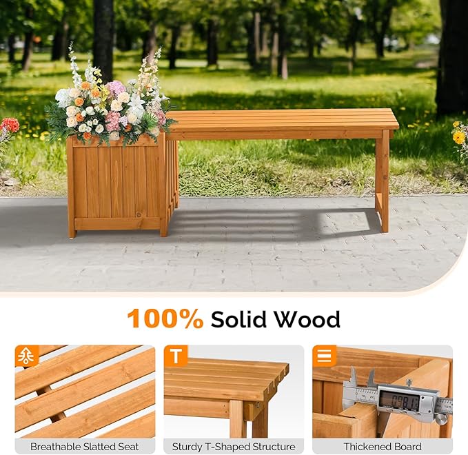 VINGLI Outdoor Wood Bench with Planter Boxes, 2-in-1 All-Weather Porch Bench Seat ＆ Open-Ended Wooden Raised Garden Bed, for Balcony Yard Patio (1 Box)