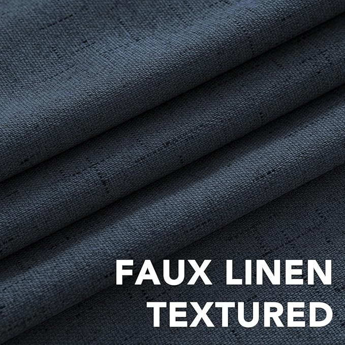 H.VERSAILTEX Linen Curtains 100% Blackout Curtains for Bedroom 90 inch Long Full Light Blocking Nature Linen Blended Window Curtains for Living Room Nickel Grommet (2 Panels, Navy)