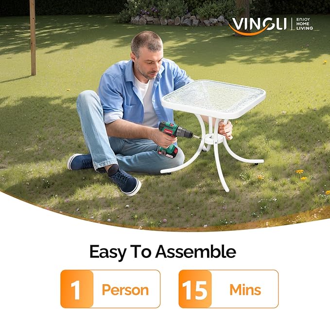 VINGLI Outdoor Side Table, 18in Patio Table Steel Frame Tempered Glass Top, Weatherproof Small Tables for Balcony Garden Poolside (White, Square)