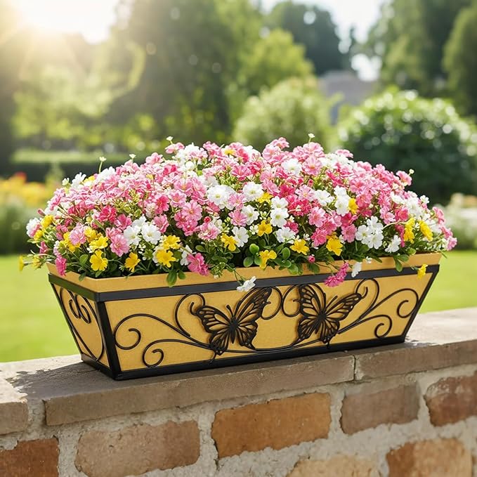 6 Pack 24 Inch Window Boxes Planter Railing Planters Box with Adjustable Brackets for Porch Deck Balcony Hanging Butterfly Decorative Flower Baskets & Non-Woven Fabric Liner for Outdoor Plants - Black