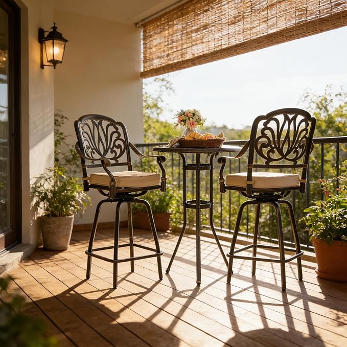 3 Piece Swivel Outdoor Table and Chairs Bar Set , All-Weather Cast Aluminum Outdoor High Top Patio Bar Set Bistro Set, High Swivel Stools with Cushions Umberlla Hole for Balcony, Poolside,Garden,Lawn