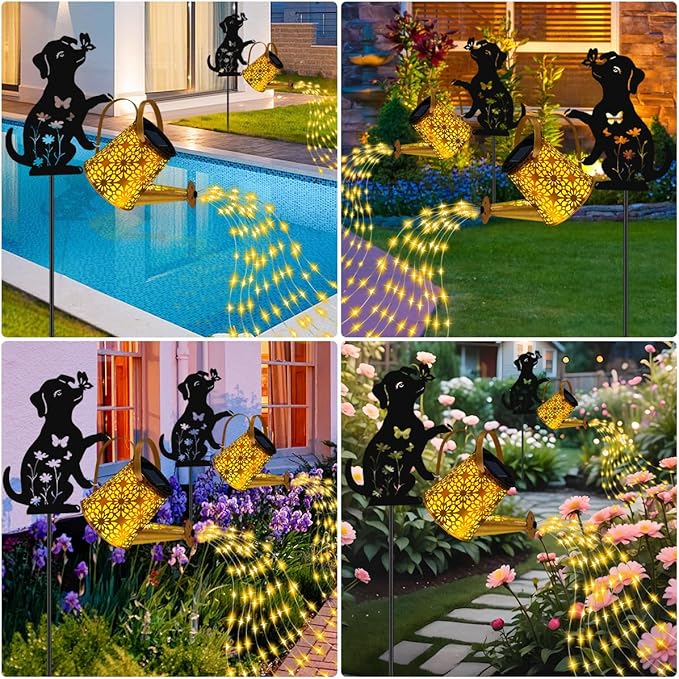 Solar Lights Outdoor Decorative, Watering Can with Cascading Lights, with Dog Silhouette Garden Stakes, Waterproof Metal Garden Decor 2 Pack
